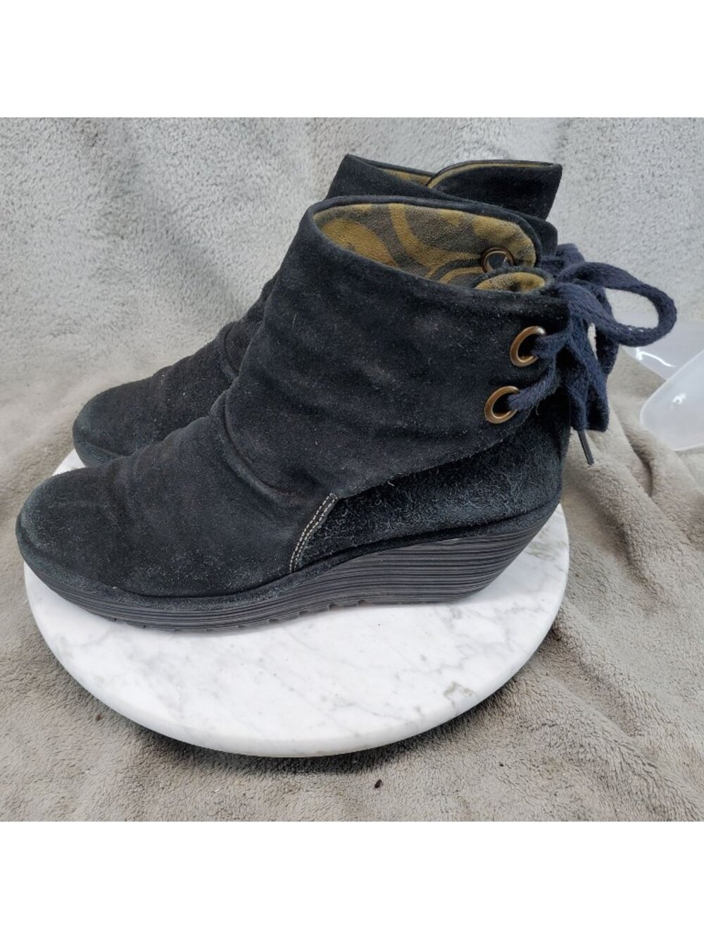 Fly London Shoes Womens EU 39 US 8-8.5 Black Suede Yama Wedge Ankle Boots *Read*